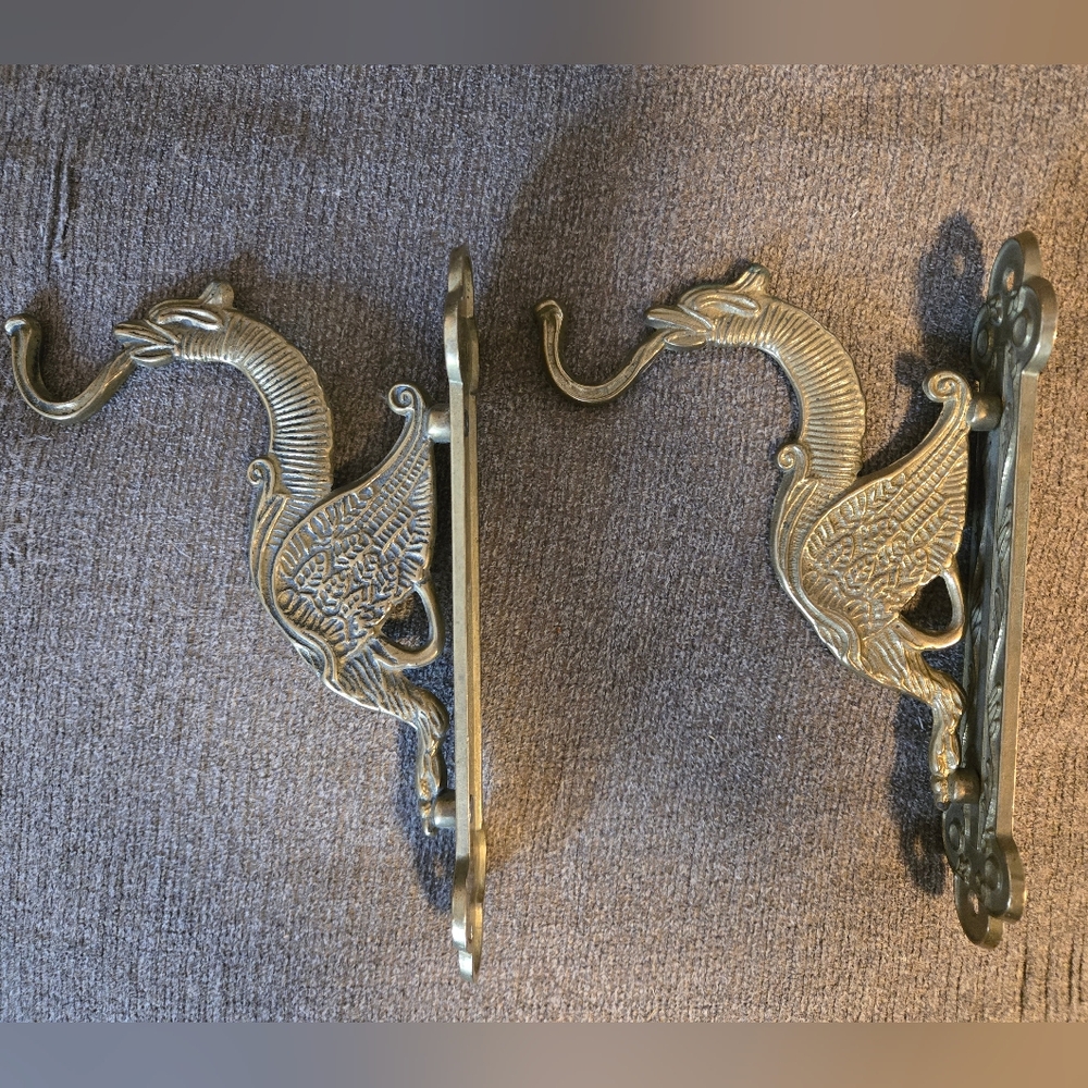 Vintage Elegant Brass Phoenix Dragon Pair of Wall Hooks